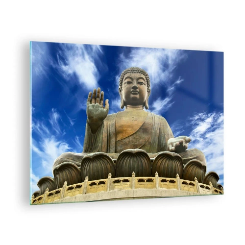 Üveg kép - Egy hatalmas Buddha-szobor a kék ég előtt - 70x50cm - Élj félelem nélkül - Modern fali dekoráció nappalihoz és hálószobához ARTTOR