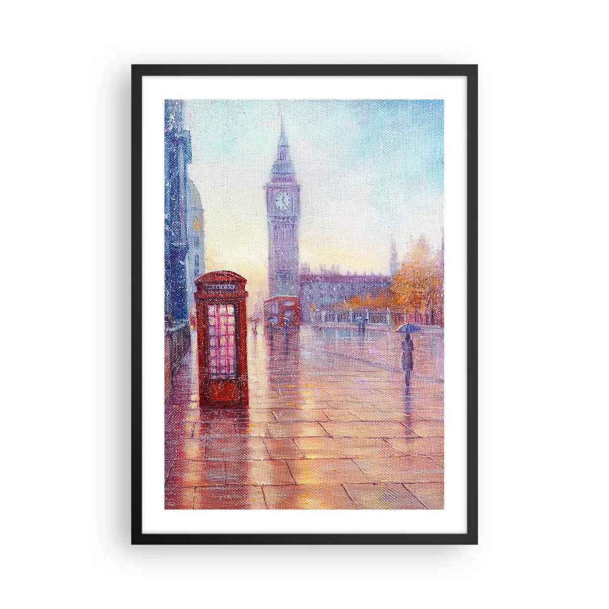 Poszter fehér keretben - Big Ben és a piros telefonfülke egy esős napon - 50x70cm - Őszi nap Londonban - Modern fali dekoráció nappalihoz és hálószobához ARTTOR