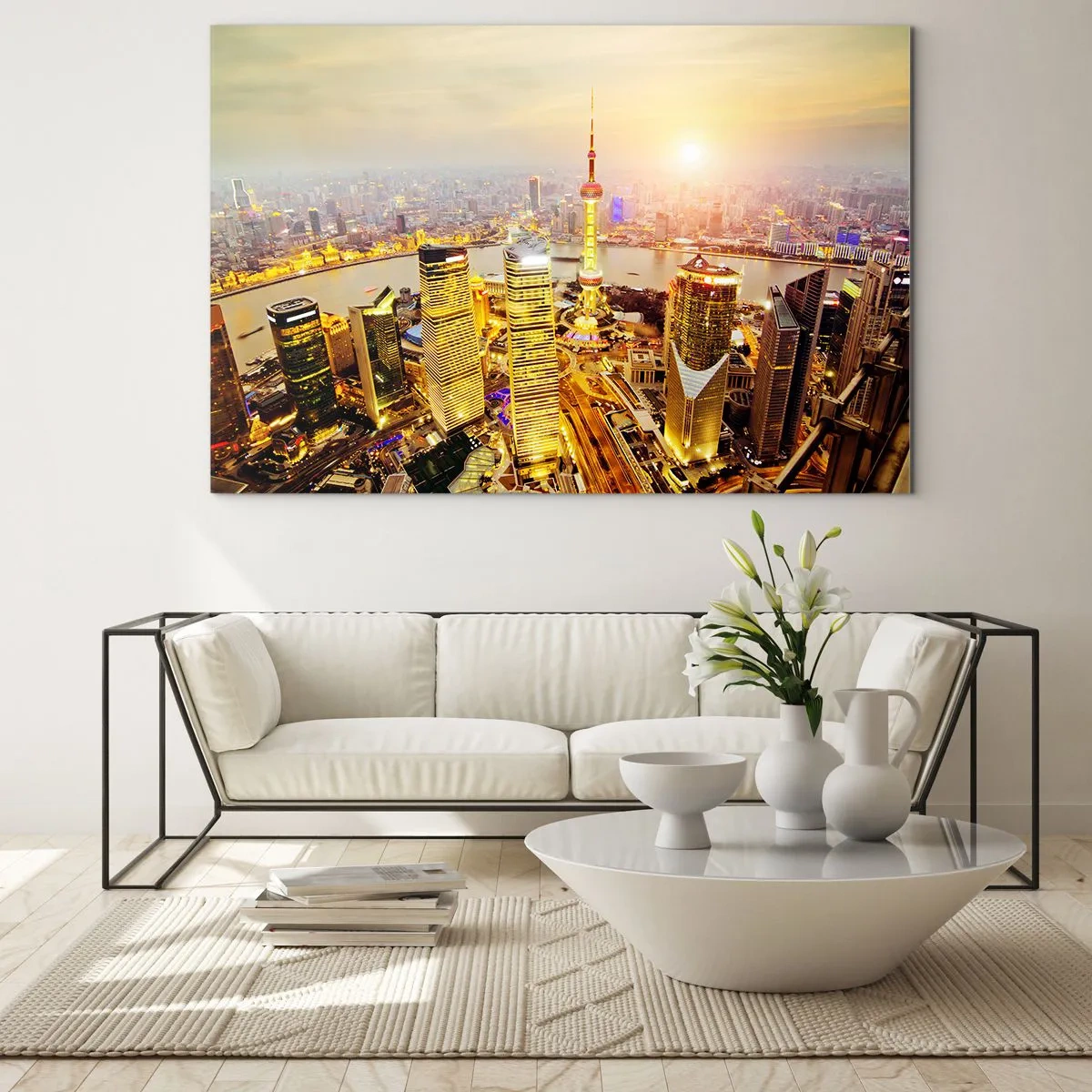 Üveg kép - Panoráma a városra naplementekor felhőkarcolókkal - 70x50cm - Ázsiai álom - Modern fali dekoráció nappalihoz és hálószobához ARTTOR