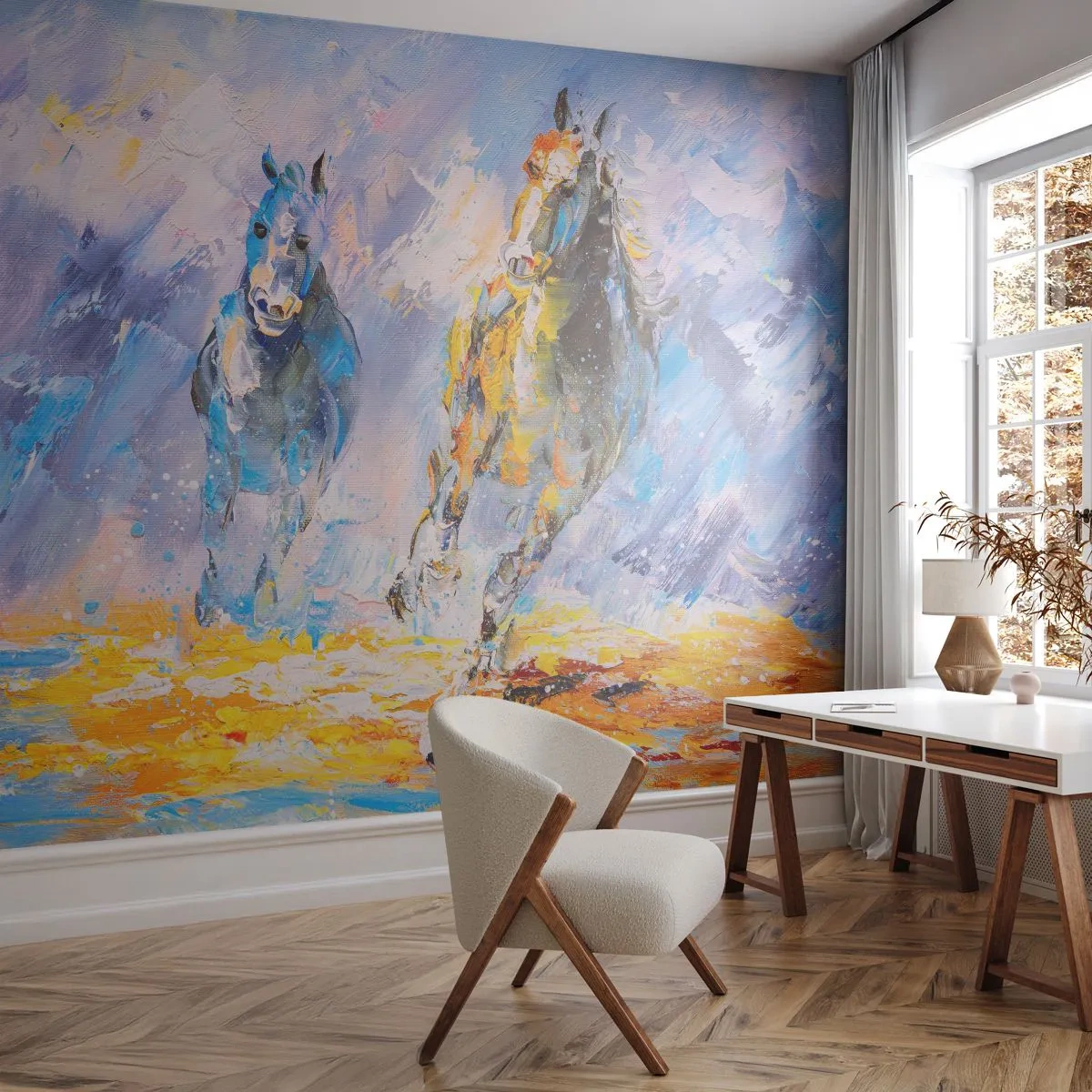 Fotótapéta Premium Sand - Átvágtatva a vakító fényen - Állatok, Lovak, Impresszionizmus - 300x210 cm
