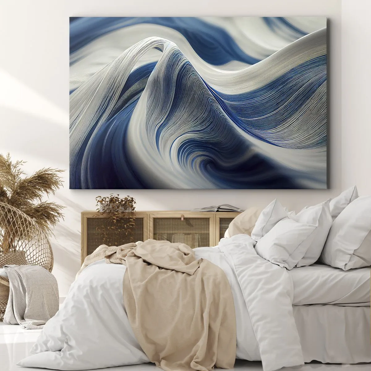 Vászonkép - Absztrakt hullámok kék és fehér árnyalatokban - 70x50cm - Kék és fehér folyékonysága - Modern fali dekoráció nappalihoz és hálószobához ARTTOR