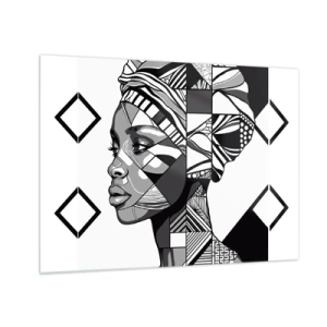 Üveg kép - Fekete-fehér etnikai portré egy nőről geometrikus mintákkal - 70x50cm - Etnikai portré - Modern fali dekoráció nappalihoz és hálószobához ARTTOR