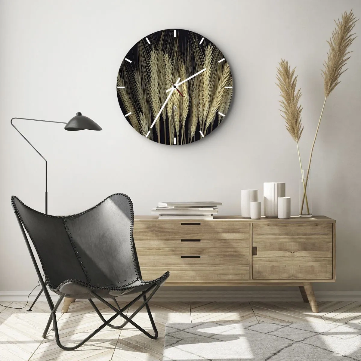 Falióra, Óra - Gabonafülek sötét háttér előtt - 30x30cm - Rusztikus varázslat - Modern fali dekoráció nappalihoz, konyhához és hálószobához ARTTOR