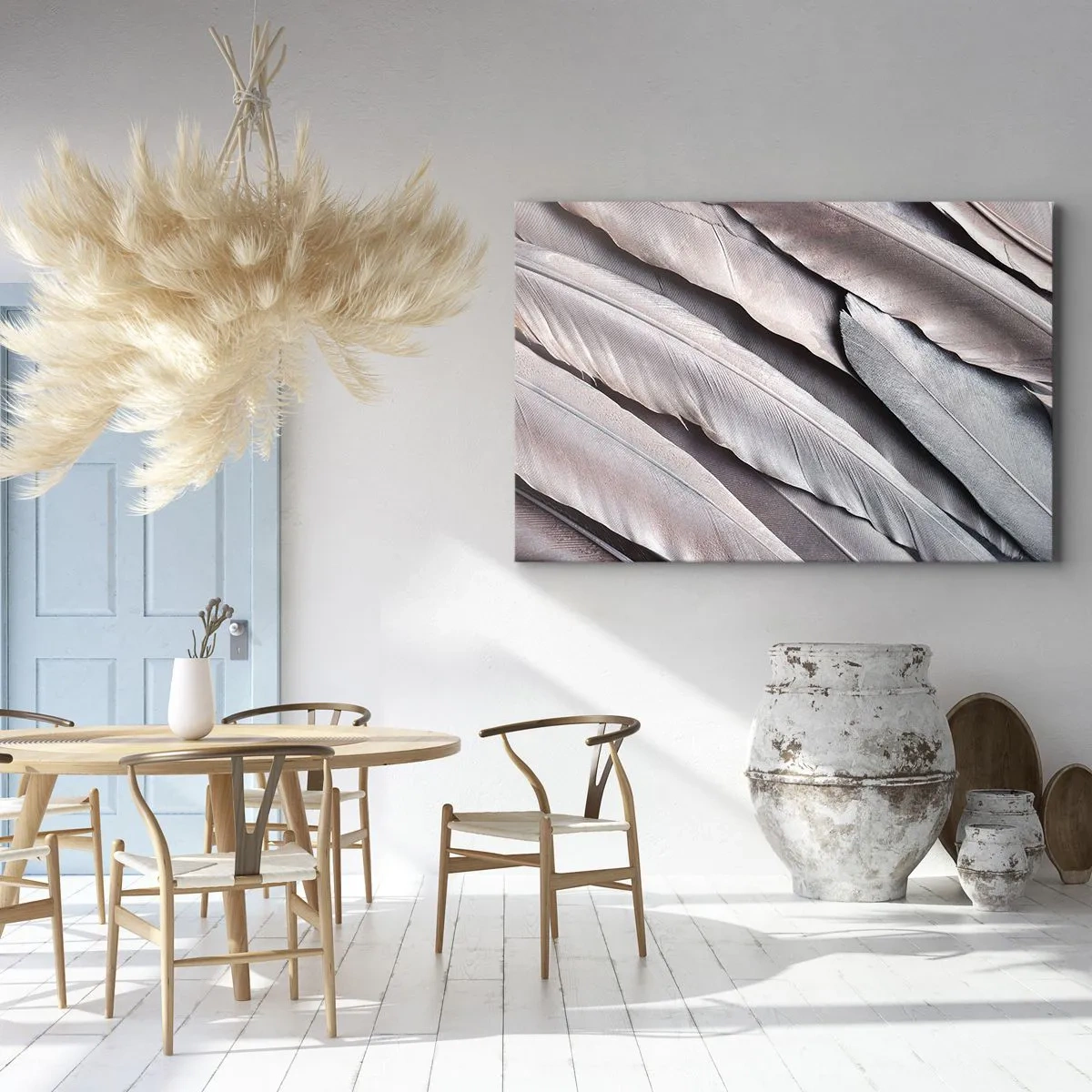 Vászonkép - Finom tollak a szürke és bézs visszafogott árnyalataiban - 70x50cm - Rózsaszín ezüstben - Modern fali dekoráció nappalihoz és hálószobához ARTTOR