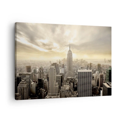 Vászonkép - Panoráma a városra, kilátással az Empire State Buildingre - 70x50cm - Szürkéből szőtt New York - Modern fali dekoráció nappalihoz és hálószobához ARTTOR