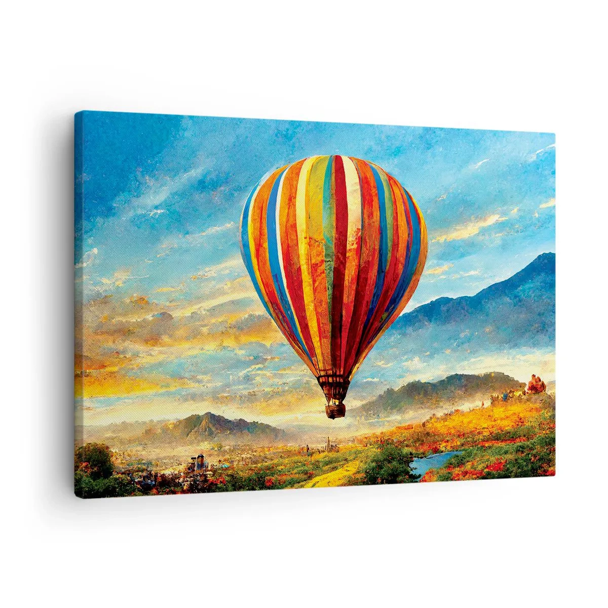 Vászonkép - Egy színes léggömb egy festői táj felett - 70x50cm - A csendben többet látsz - Modern fali dekoráció nappalihoz és hálószobához ARTTOR