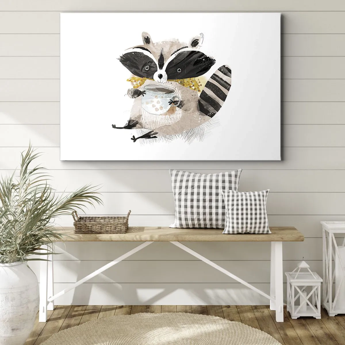 Vászonkép - Imádnivaló mosómedve pasztellszínű bögrét tart a kezében - 70x50cm - A barátom a mosómedve - Modern fali dekoráció nappalihoz és hálószobához ARTTOR