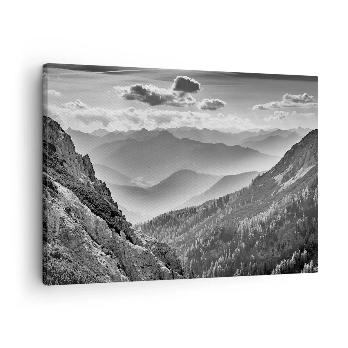Vászonkép - Fekete-fehér hegyi táj felhőkkel a csúcsok felett - 70x50cm - Egészen a horizontig - Modern fali dekoráció nappalihoz és hálószobához ARTTOR