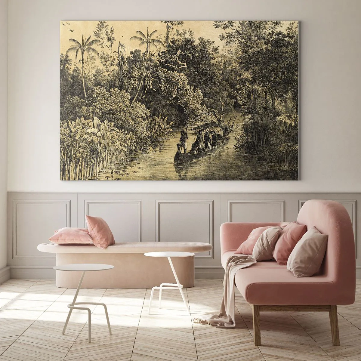 Üveg kép - Dzsungelen átívelő utazást ábrázoló retró nyomat - 70x50cm - Expedíció a forráshoz - Modern fali dekoráció nappalihoz és hálószobához ARTTOR