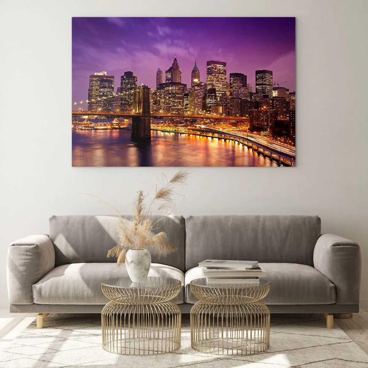 Üveg kép - New York esti látképe a Brooklyn híddal - 70x50cm - Lila-arany Manhathann - Modern fali dekoráció nappalihoz és hálószobához ARTTOR