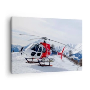 Vászonkép - Egy piros helikopter havas hegyi táj előtt. - 70x50cm - Mindig készen - Modern fali dekoráció nappalihoz és hálószobához ARTTOR