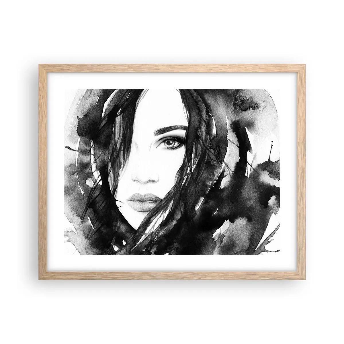 Poszter világos tölgy keretben - Fekete-fehér hölgy portréja - 50x40 cm