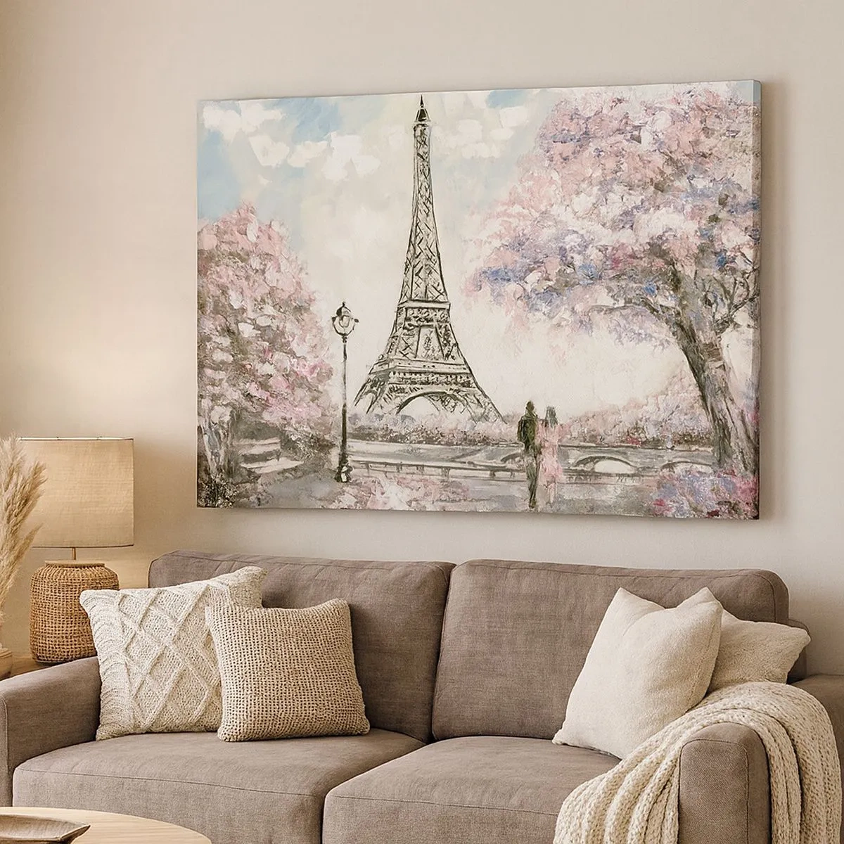 Vászonkép - Az Eiffel-torony virágzó fákkal körülvéve - 70x50cm - Áprilisi séta Párizsban - Modern fali dekoráció nappalihoz és hálószobához ARTTOR