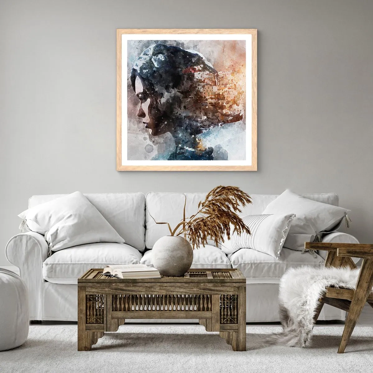 Poszter világos tölgy keretben - Történet egy lányról, várossal a háttérben - 40x40 cm