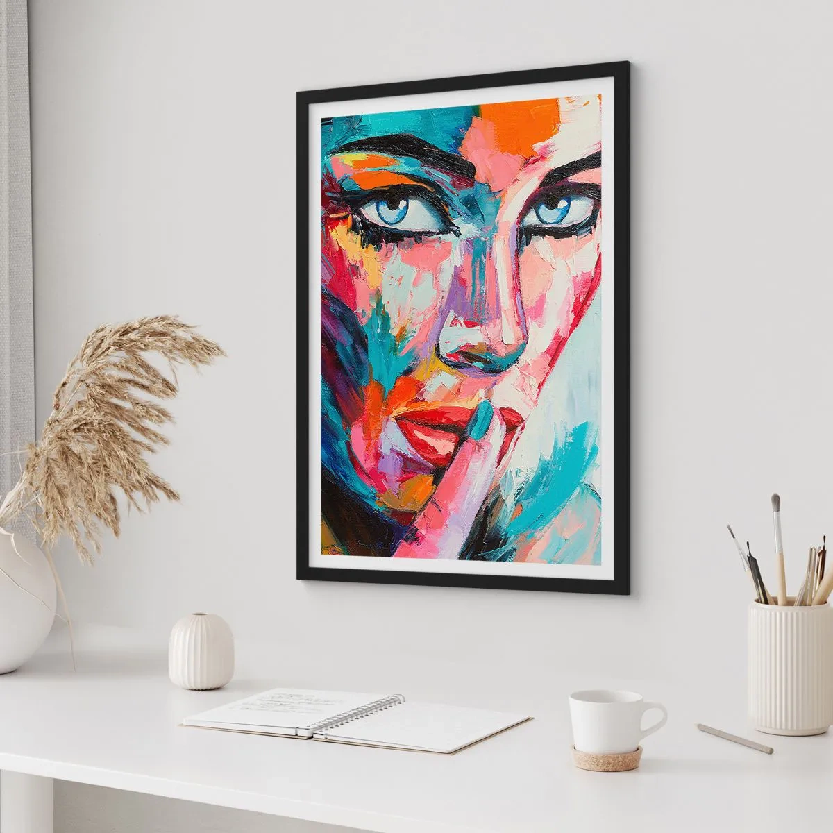 Poszter fehér keretben - Egy nő színes portréja kifejező stílusban - 50x70cm - Az első titkunk - Modern fali dekoráció nappalihoz és hálószobához ARTTOR