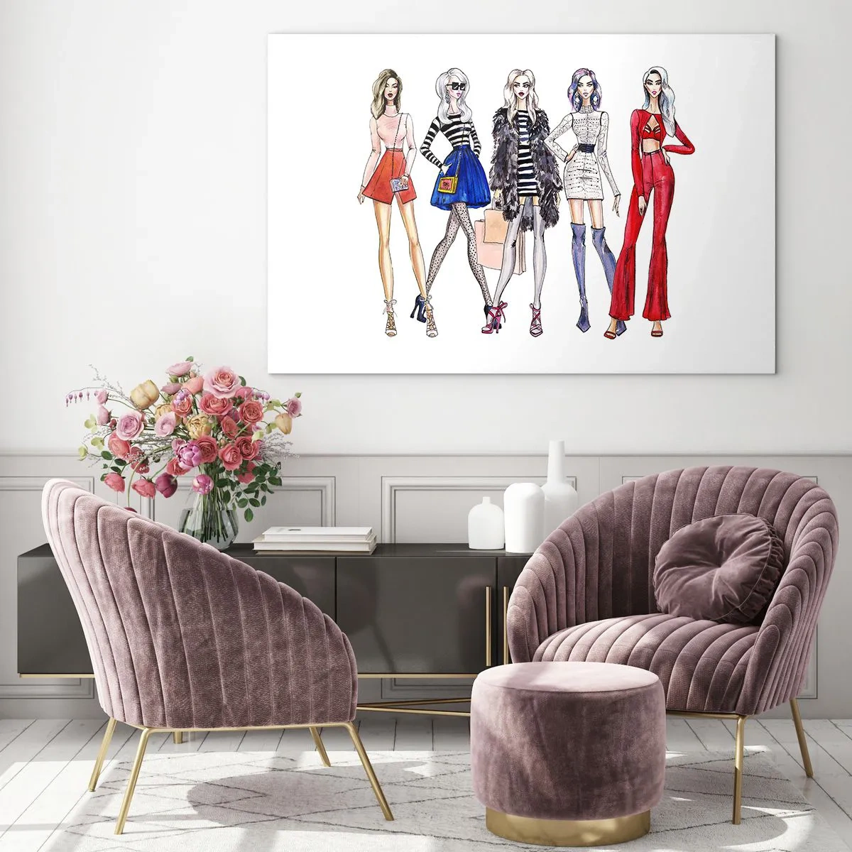Üveg kép - Divatos karakterek stílusos ruhákban az illusztráción - 70x50cm - Every week Fashion Week - Modern fali dekoráció nappalihoz és hálószobához ARTTOR