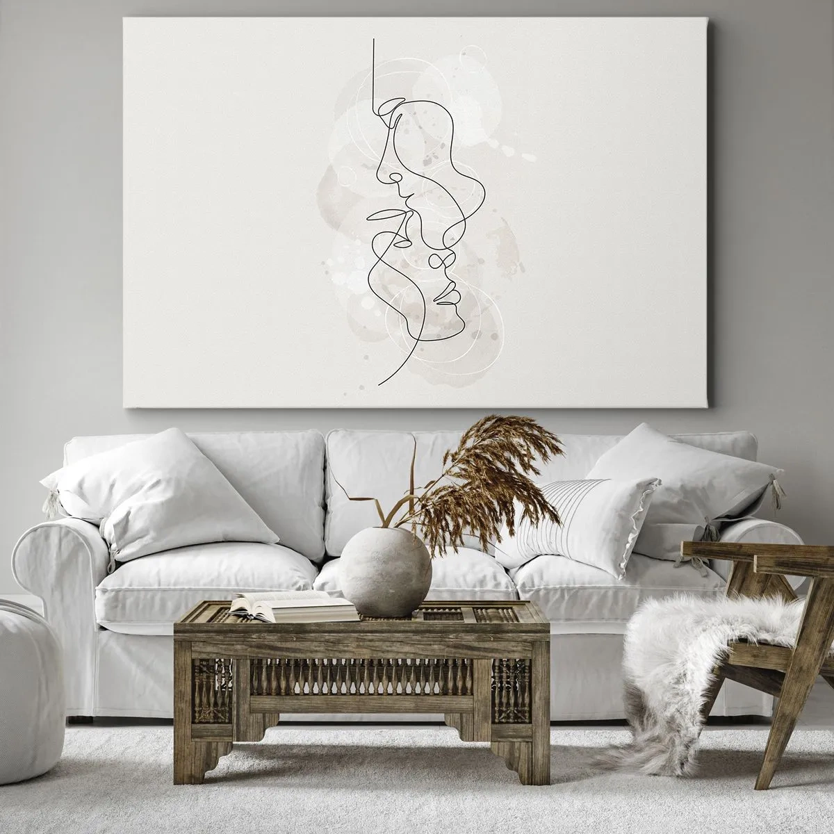 Vászonkép - Két arc absztrakt körvonala világos háttér előtt - 70x50cm - Ölelésbe gabalyodva - Modern fali dekoráció nappalihoz és hálószobához ARTTOR