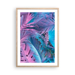 Poszter világos tölgy keretben - Trópusok rózsaszínben és kékben  - 50x70 cm