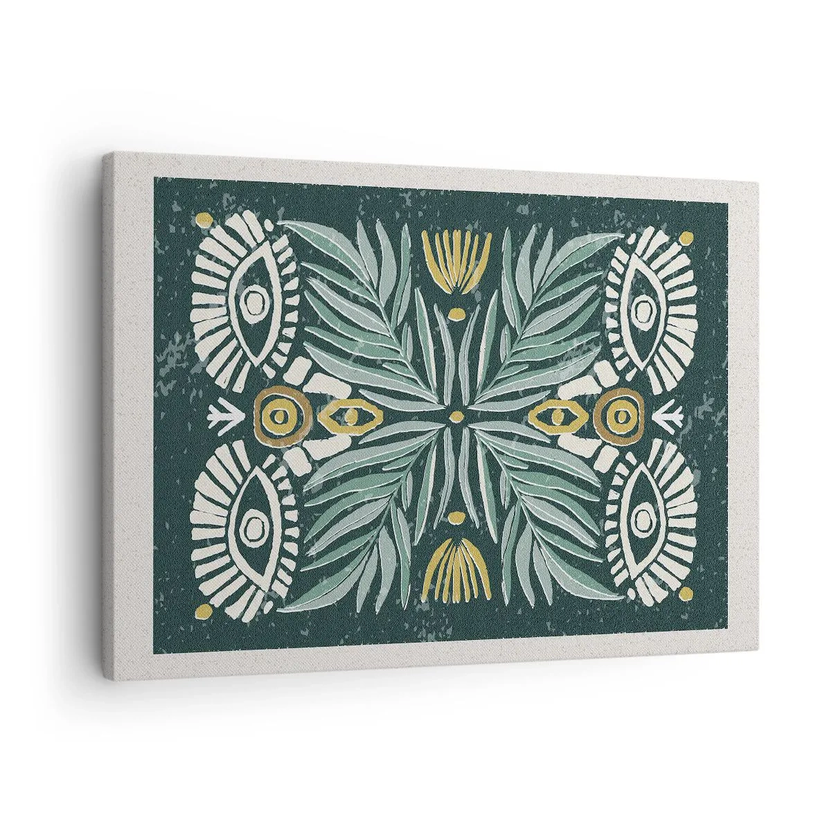 Vászonkép - Szimmetrikus növényi minta zöld háttéren - 70x50cm - Mint egy népi kivágás - Modern fali dekoráció nappalihoz és hálószobához ARTTOR