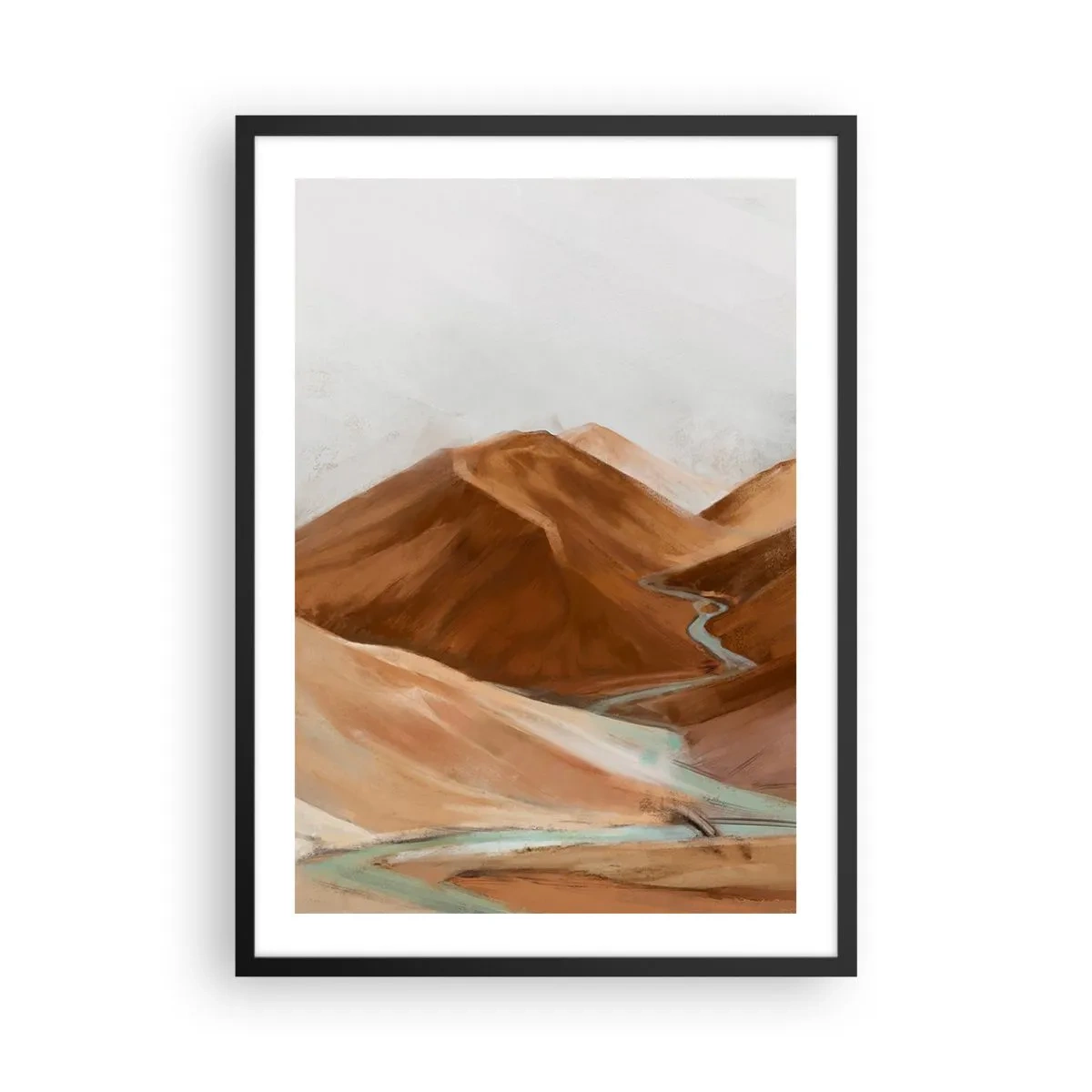 Poszter fehér keretben - Egy folyó folyik át barna hegyeken, stilizált tájkép - 50x70cm - A forráshoz - Modern fali dekoráció nappalihoz és hálószobához ARTTOR