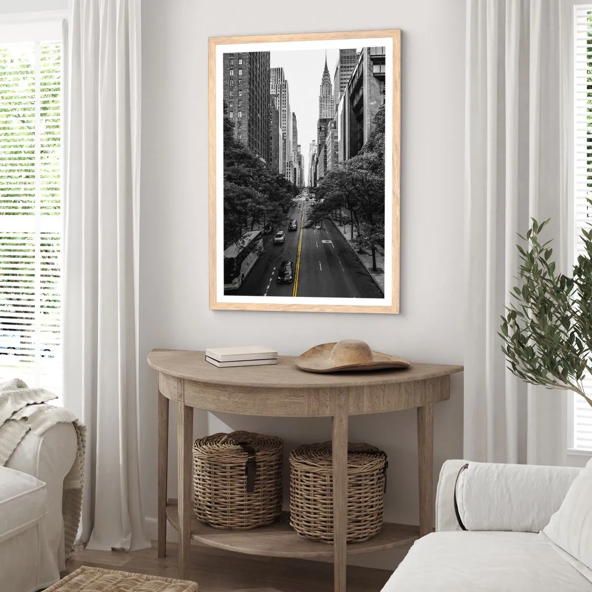 Poszter világos tölgy keretben - New Yorki reggel - 70x100 cm
