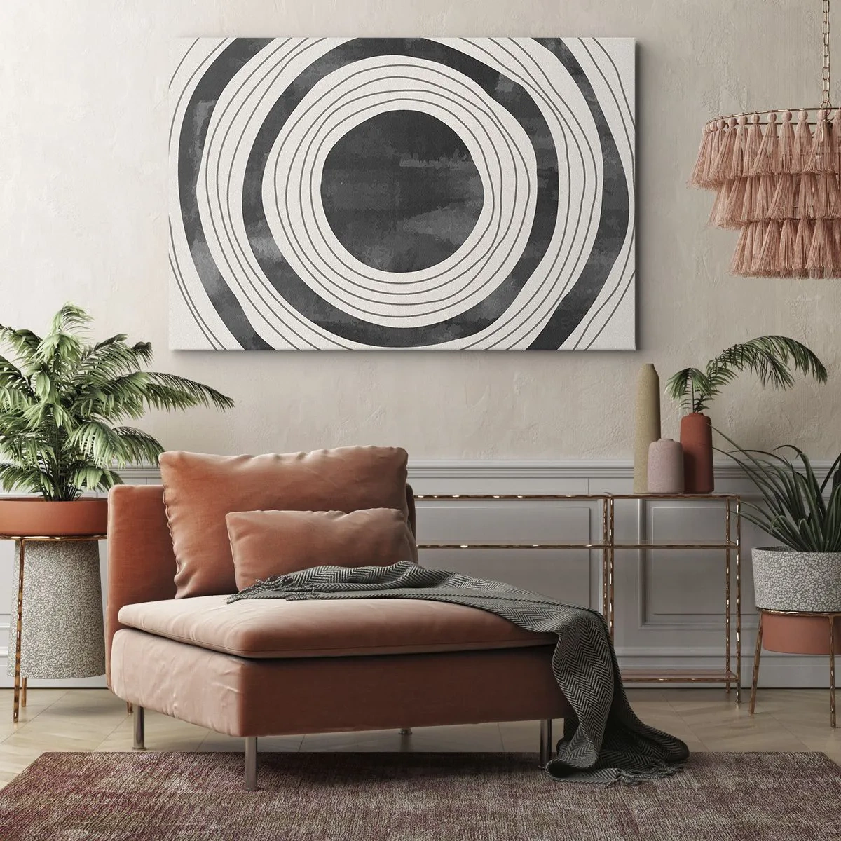 Vászonkép - Fekete-fehér koncentrikus körök világos háttér előtt - 70x50cm - A legmélyén - Modern fali dekoráció nappalihoz és hálószobához ARTTOR