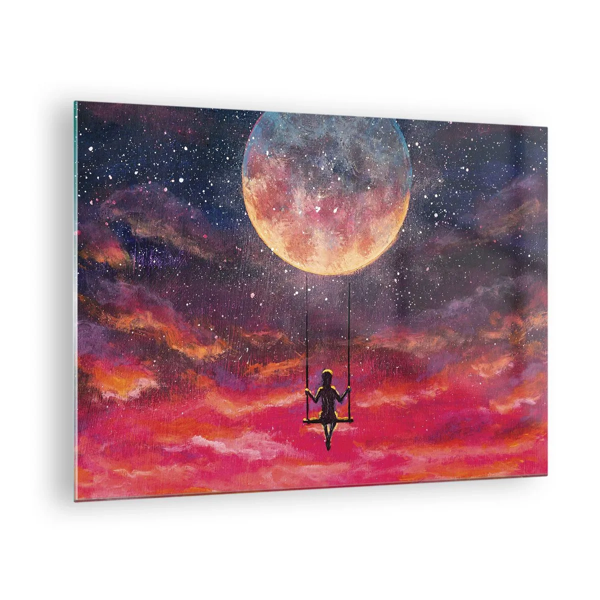Üveg kép - Egy lány egy hintán lebeg a hold alatt - 70x50cm - Álmodozva - Modern fali dekoráció nappalihoz és hálószobához ARTTOR