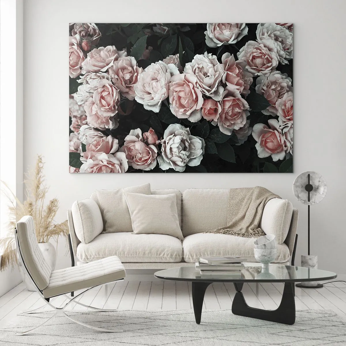 Üveg kép - Rózsaszín rózsa csokor közeli képe sötét háttér előtt - 70x50cm - Rózsaszín ansamble - Modern fali dekoráció nappalihoz és hálószobához ARTTOR
