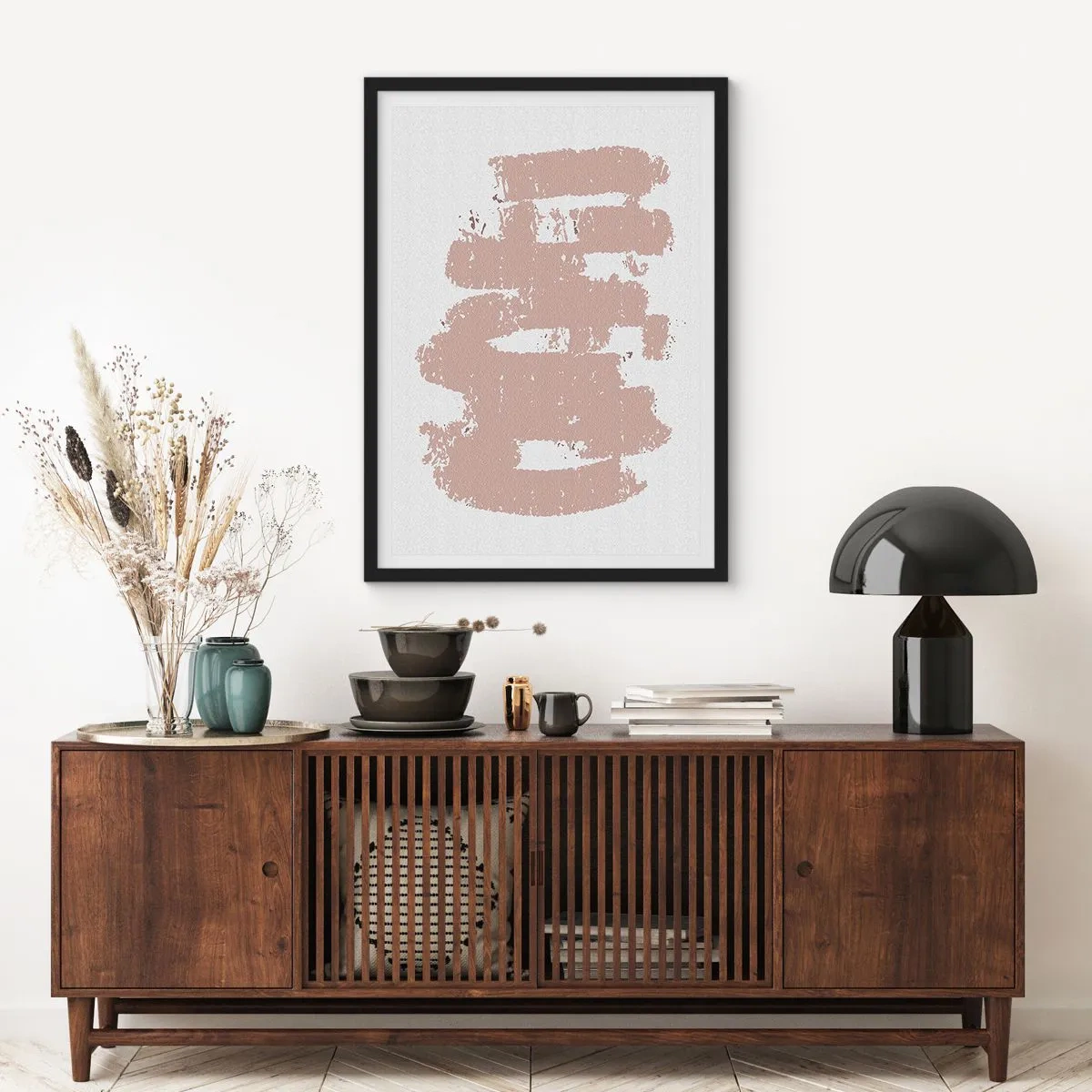 Poszter fehér keretben - Minimalista kompozíció bézs árnyalatokban - 50x70cm - Absztrakció lágy rózsaszínben - Modern fali dekoráció nappalihoz és hálószobához ARTTOR