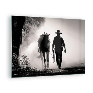Üveg kép - Cowboy sziluettje vezeti a lovat egy ködös tájon keresztül - 70x50cm - Texasi reggel - Modern fali dekoráció nappalihoz és hálószobához ARTTOR