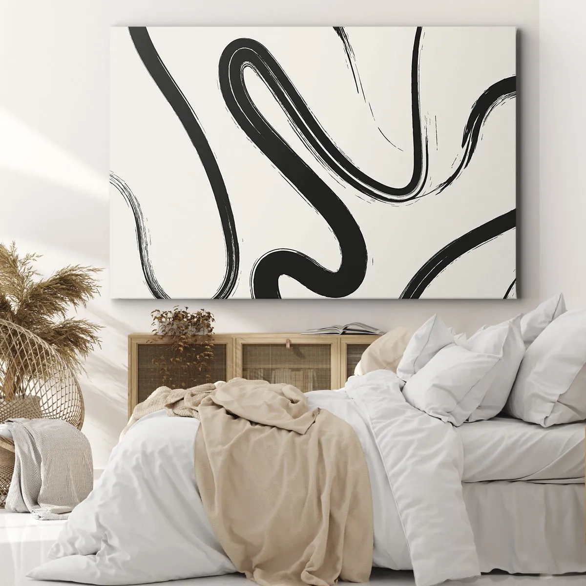 Vászonkép - Fekete-fehér ívelt vonalak világos háttéren - 70x50cm - Fekete-fehér rajongás - Modern fali dekoráció nappalihoz és hálószobához ARTTOR