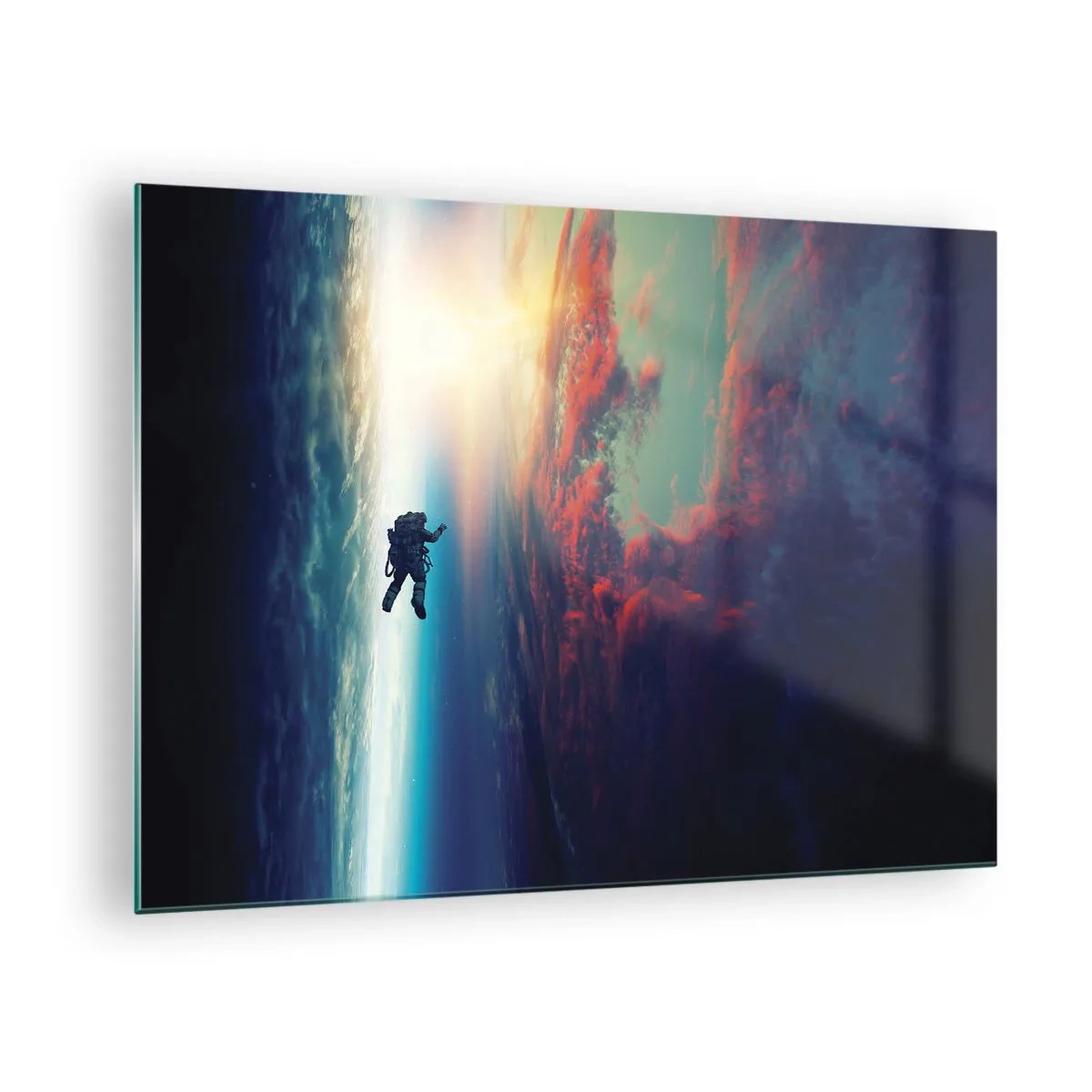 Üveg kép - Egy űrhajós sodródik az űrben a fény felé - 70x50cm - Szembenézés az univerzummal - Modern fali dekoráció nappalihoz és hálószobához ARTTOR