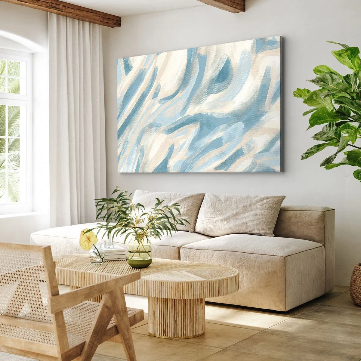Vászonkép - Absztrakt kék csíkok világos háttér előtt - 70x50cm - Tavaszi szellők - Modern fali dekoráció nappalihoz és hálószobához ARTTOR