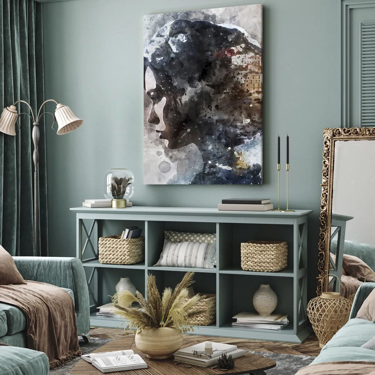 Vászonkép - Történet egy lányról, várossal a háttérben - 45x80 cm