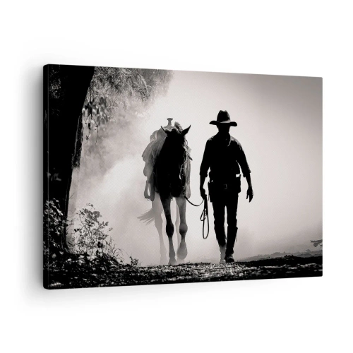 Vászonkép - Cowboy lóval a reggeli ködben - 70x50cm - Texasi reggel - Modern fali dekoráció nappalihoz és hálószobához ARTTOR