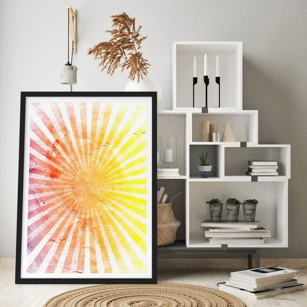 Poszter fehér keretben - Sárga és piros árnyalatú sugarak absztrakt mintája - 50x70cm - Napkelte és napnyugta - Modern fali dekoráció nappalihoz és hálószobához ARTTOR