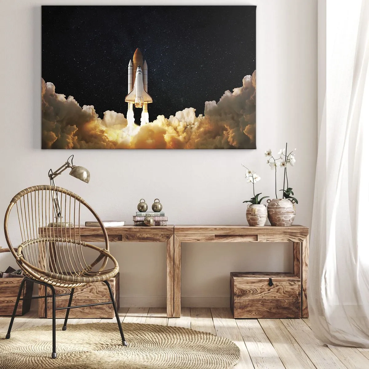 Vászonkép - Egy űrrakéta felszáll a csillagos ég ellen - 70x50cm - Ad astra! - Modern fali dekoráció nappalihoz és hálószobához ARTTOR