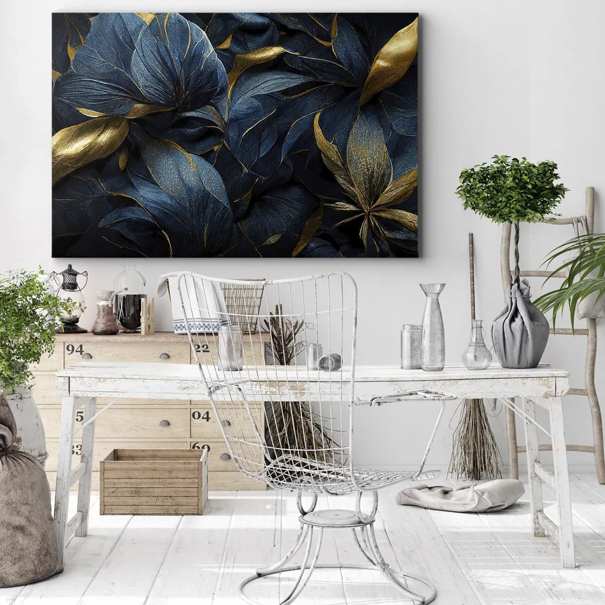 Vászonkép - Elegáns levelek arany és sötétkék árnyalatokban - 70x50cm - Arannyal bélelt - Modern fali dekoráció nappalihoz és hálószobához ARTTOR