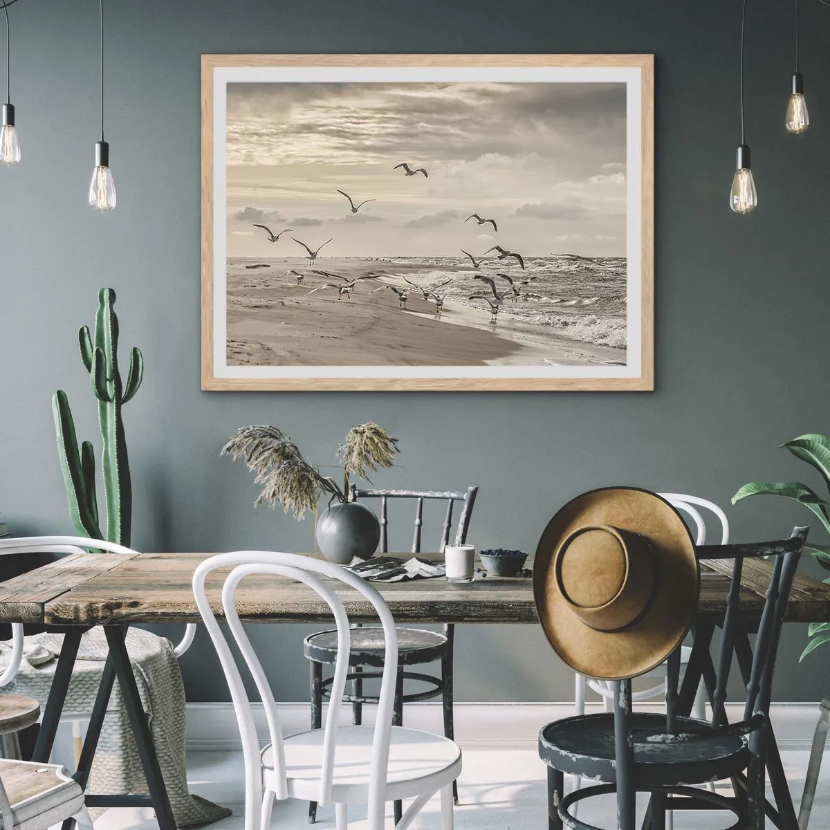 Poszter világos tölgy keretben - A tenger hangja, a madarak éneke - 100x70 cm