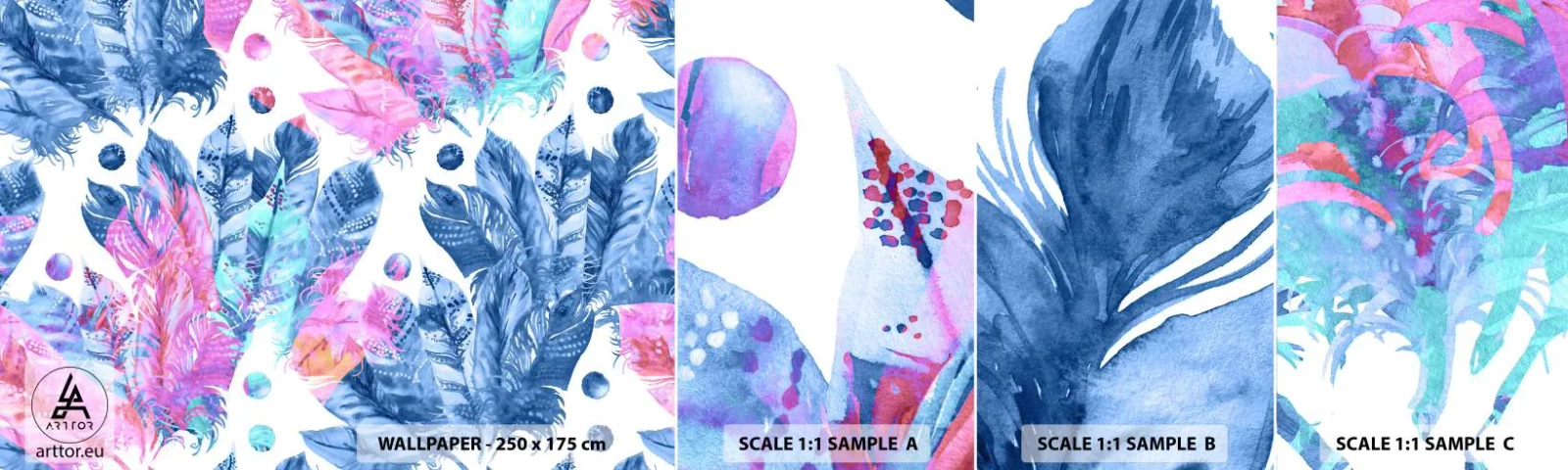 Fotótapéta Minta Standard Eco - Rózsaszín és kék tollak - Madár toll, színes illusztráció, Grafika - 100x30 cm