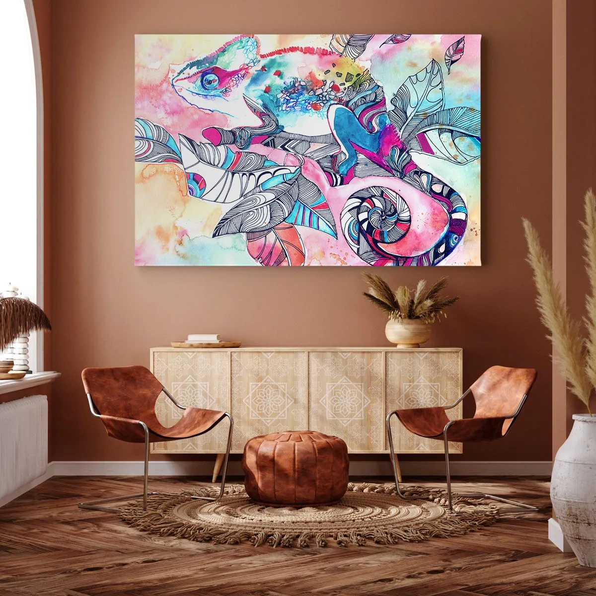 Vászonkép - Színes kaméleon absztrakt levelek háttér - 70x50cm - Olyan színes, mint a mi világunk - Modern fali dekoráció nappalihoz és hálószobához ARTTOR