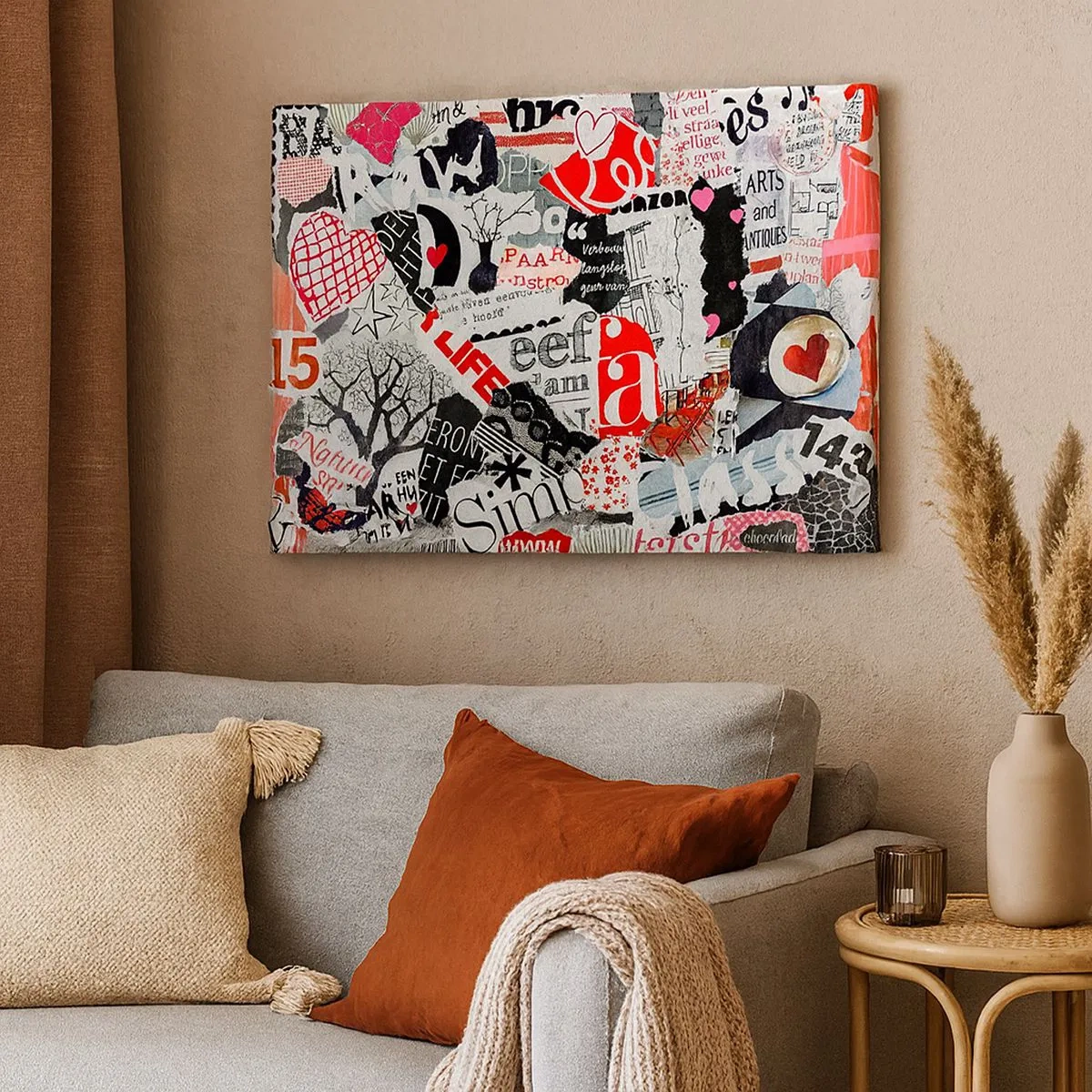 Vászonkép - Színes kollázs feliratokkal, szívekkel és grafikákkal. - 70x50cm - Hipszter kollázs - Modern fali dekoráció nappalihoz és hálószobához ARTTOR