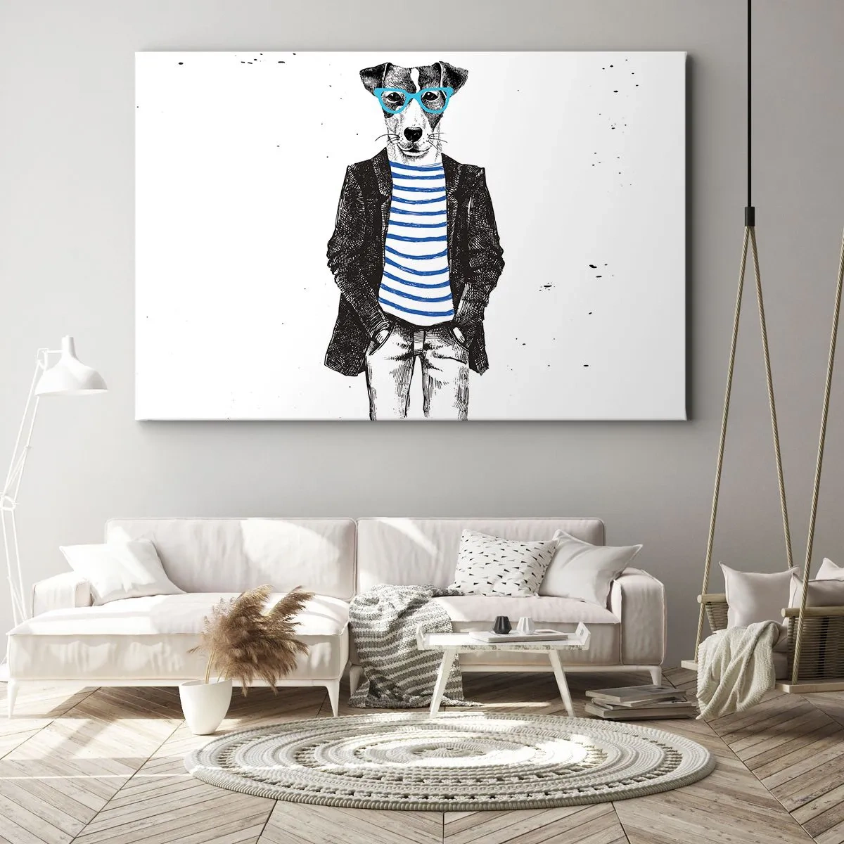 Vászonkép - Szemüveges, matróz inges kutya portréja humoros stílusban - 70x50cm - Egy bozontos eb - Modern fali dekoráció nappalihoz és hálószobához ARTTOR