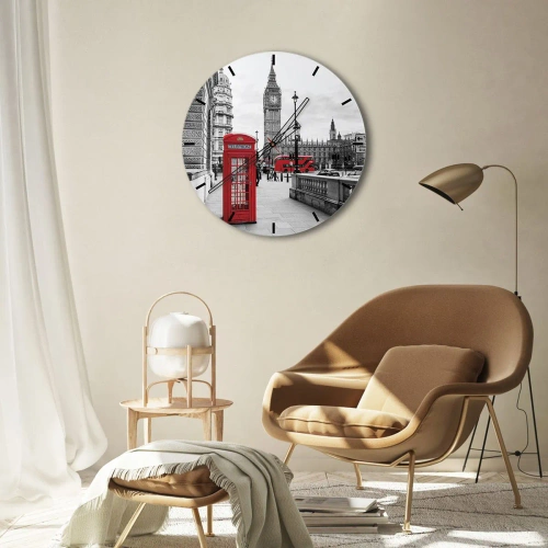 Falióra, Óra - Big Ben és egy piros telefonfülke London hátterében - 30x30cm - London, kétségtelenül - Modern fali dekoráció nappalihoz, konyhához és hálószobához ARTTOR