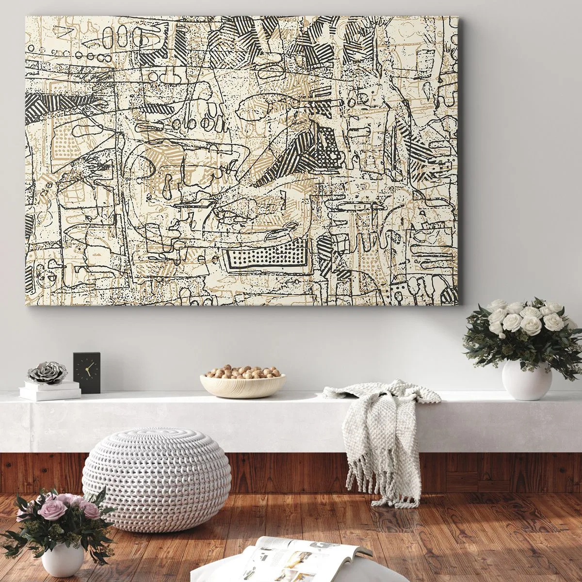 Vászonkép - Absztrakt minták és vonalak bézs háttéren - 70x50cm - Dekódolásra vár - Modern fali dekoráció nappalihoz és hálószobához ARTTOR