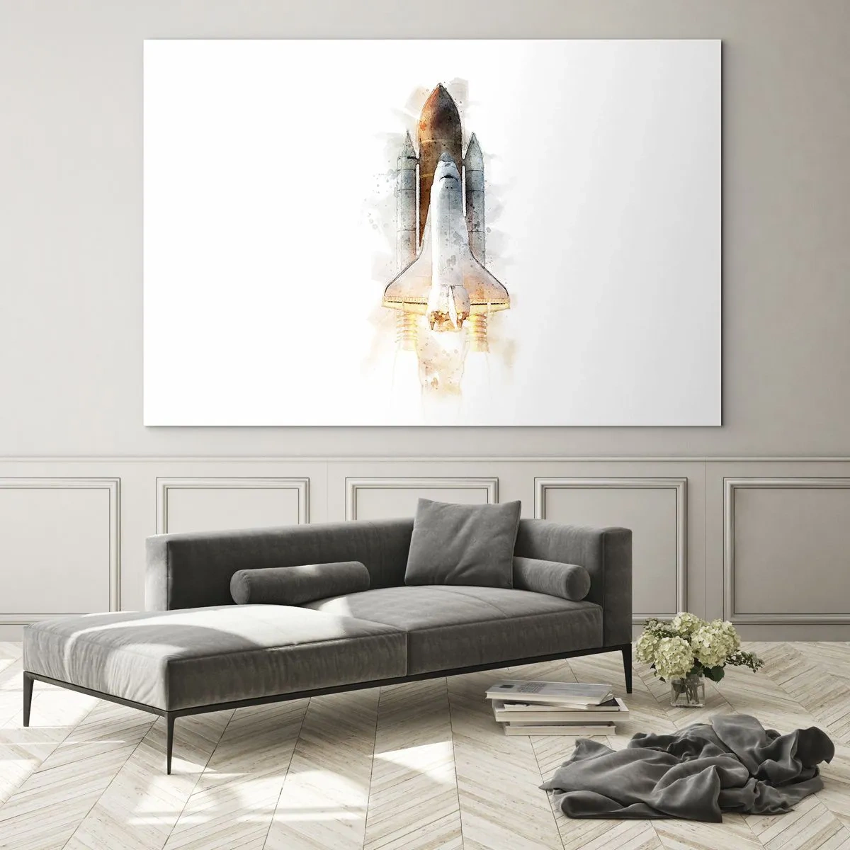 Üveg kép - Egy űrsikló felszáll akvarell stílusban, fehér alapon. - 70x50cm - Felfedezők az elején - Modern fali dekoráció nappalihoz és hálószobához ARTTOR