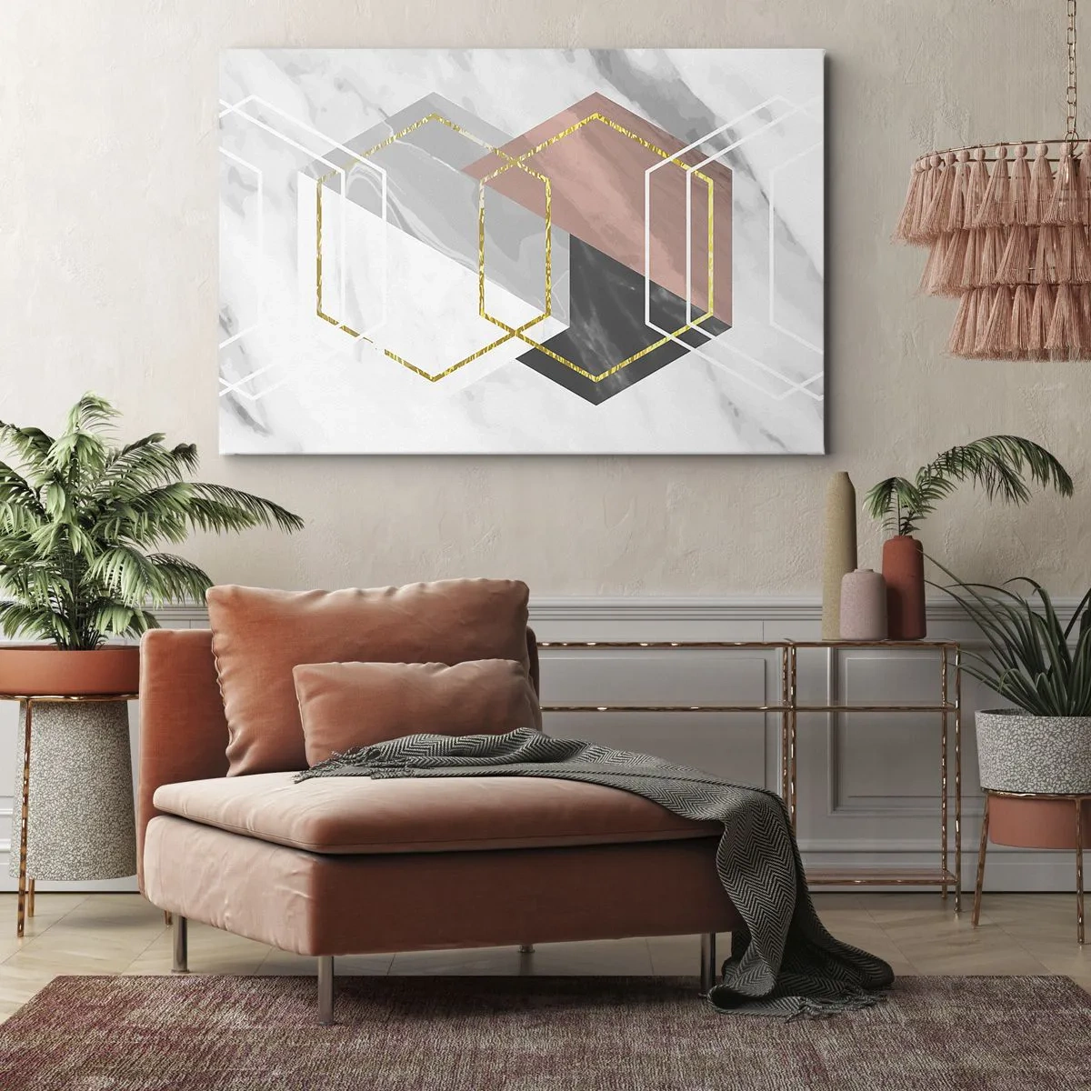 Vászonkép - Geometriai alakzatok arany és márvány díszítéssel - 70x50cm - Lánc kompozíciója - Modern fali dekoráció nappalihoz és hálószobához ARTTOR