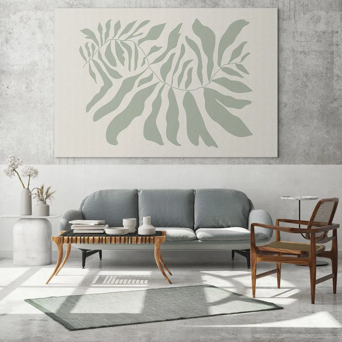 Üveg kép - Egy smaragdzöld ág organikus formákkal világos háttér előtt - 70x50cm - Smaragdzöld ág - Modern fali dekoráció nappalihoz és hálószobához ARTTOR