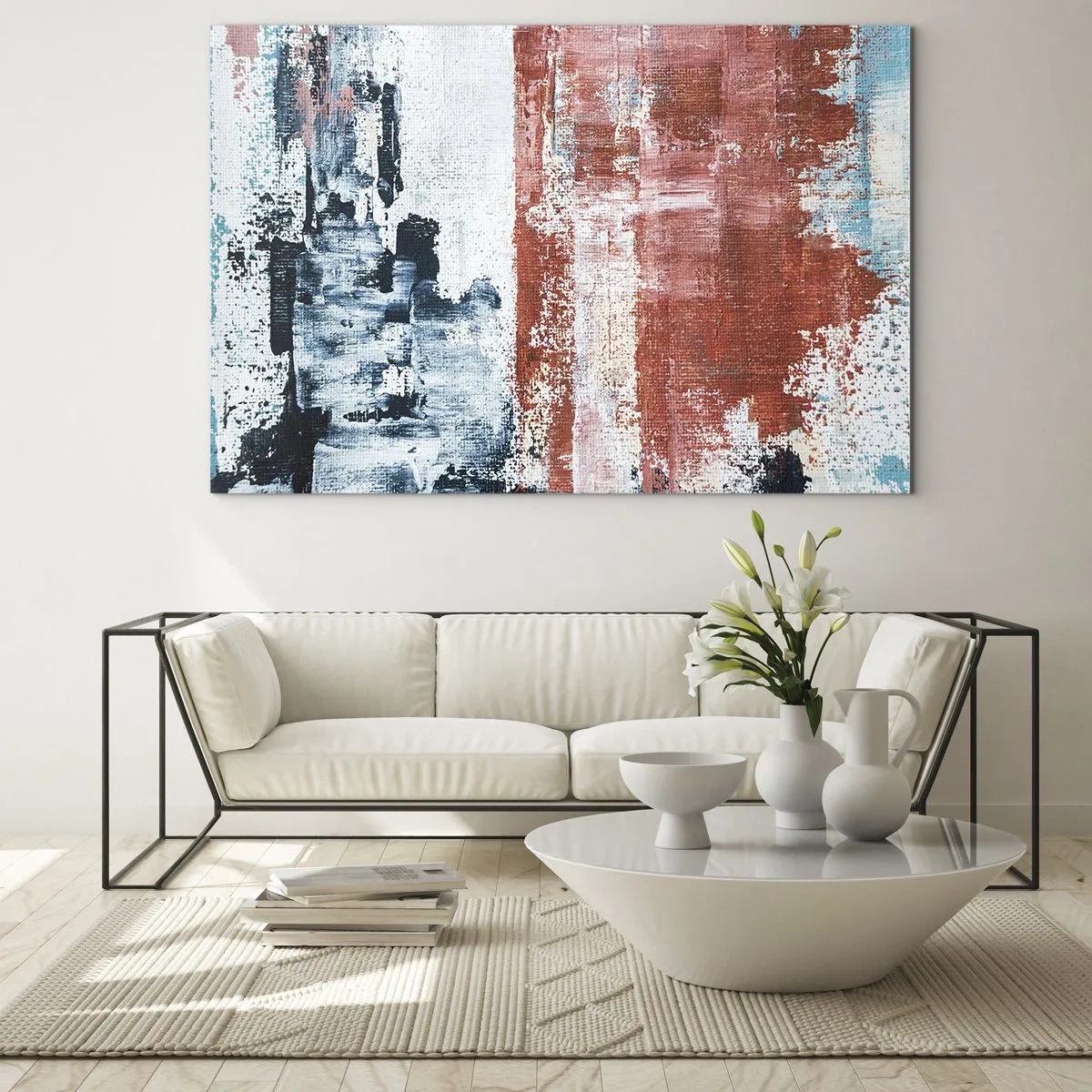 Üveg kép - Kék és rozsdavörös absztrakt kombinációja - 70x50cm - Fele-fele absztrakt - Modern fali dekoráció nappalihoz és hálószobához ARTTOR