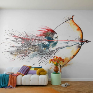 Fotótapéta Premium Sand - Mitikus harcos tüzes íjjal - Absztrakció, Fegyveres, Bow Shot - 100x70 cm